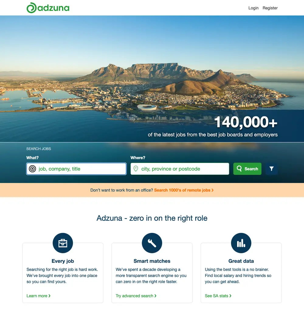 Adzuna South Africa job board platform screenshot showing job search interface
