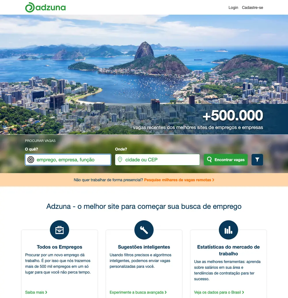 Adzuna Brasil job board platform screenshot showing job search interface