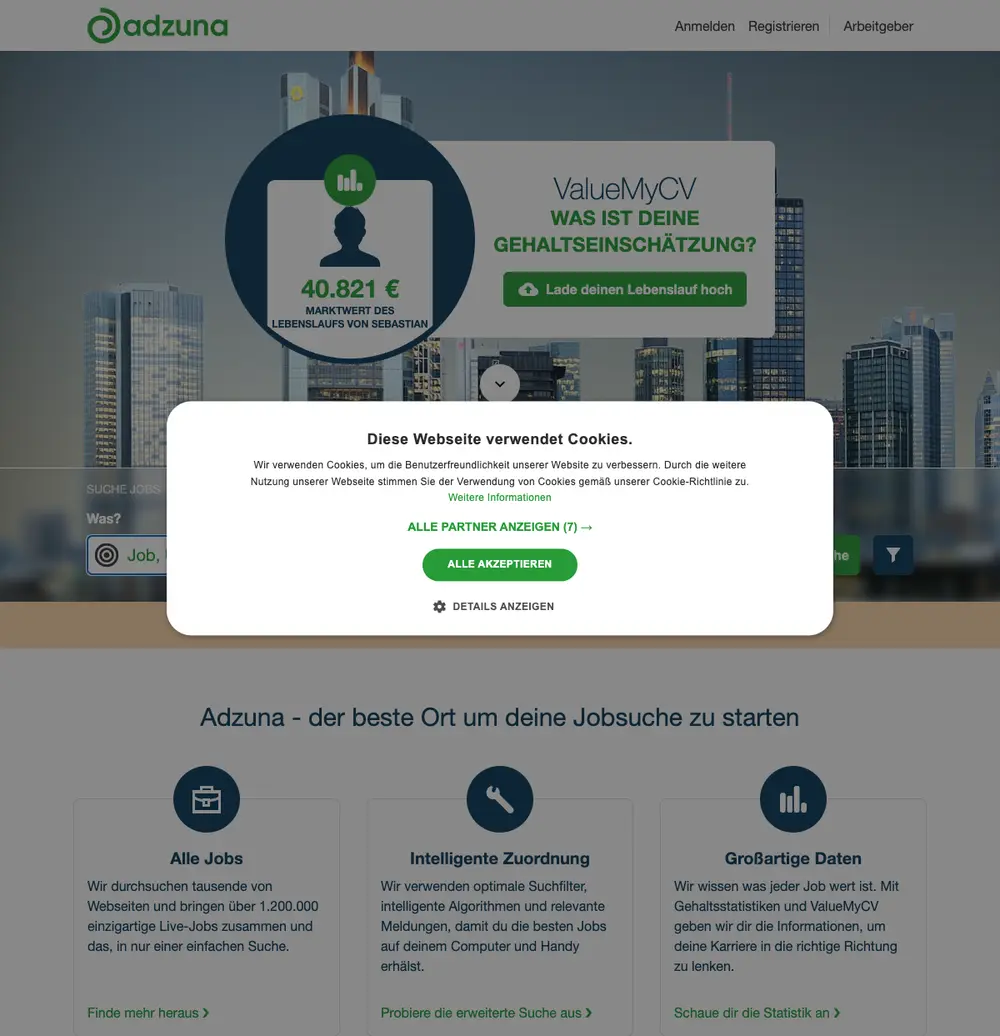 Adzuna job board platform screenshot showing job search interface