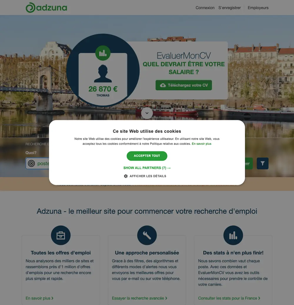 Adzuna.fr job board platform screenshot showing job search interface