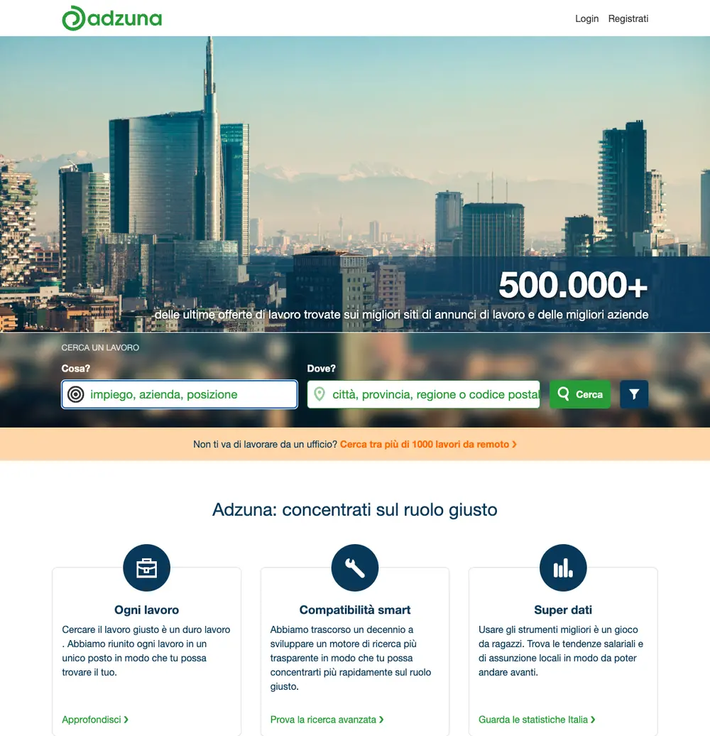 Adzuna.it job board platform screenshot showing job search interface