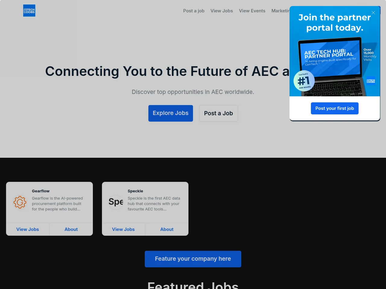 AEC Tech Jobs job board platform screenshot showing job search interface