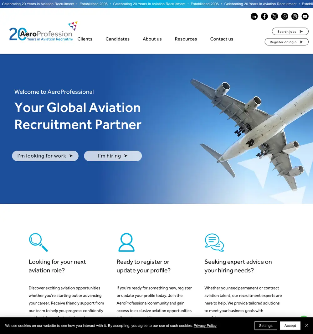 AeroProfessional job board platform screenshot showing job search interface