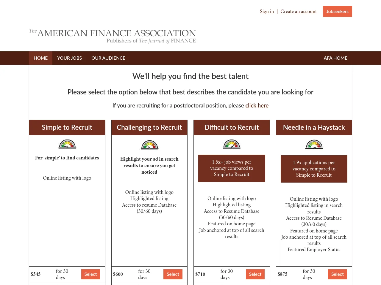 AFA Careers in Finance and Economics job board platform screenshot showing job search interface