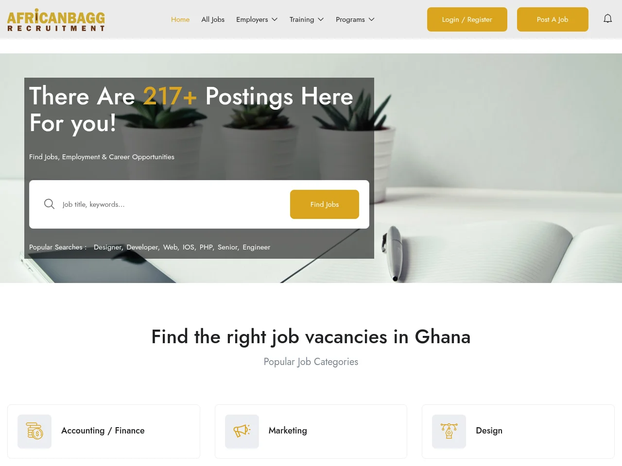 African Bagg Recruitment job board platform screenshot showing job search interface