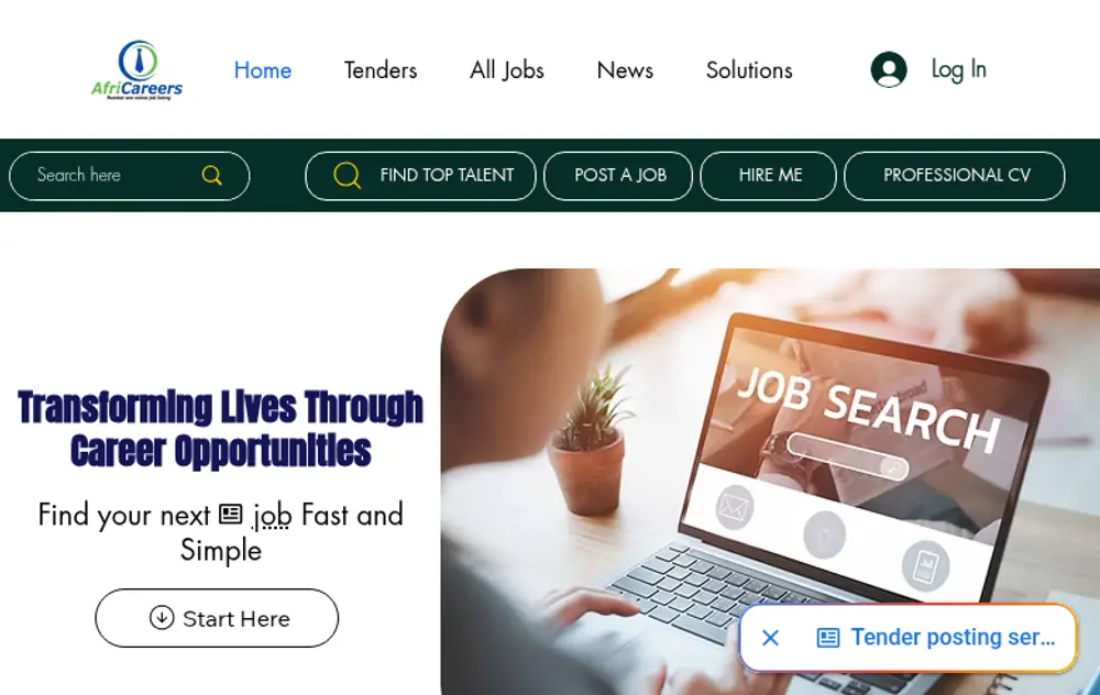 AfriCareers job board platform screenshot showing job search interface