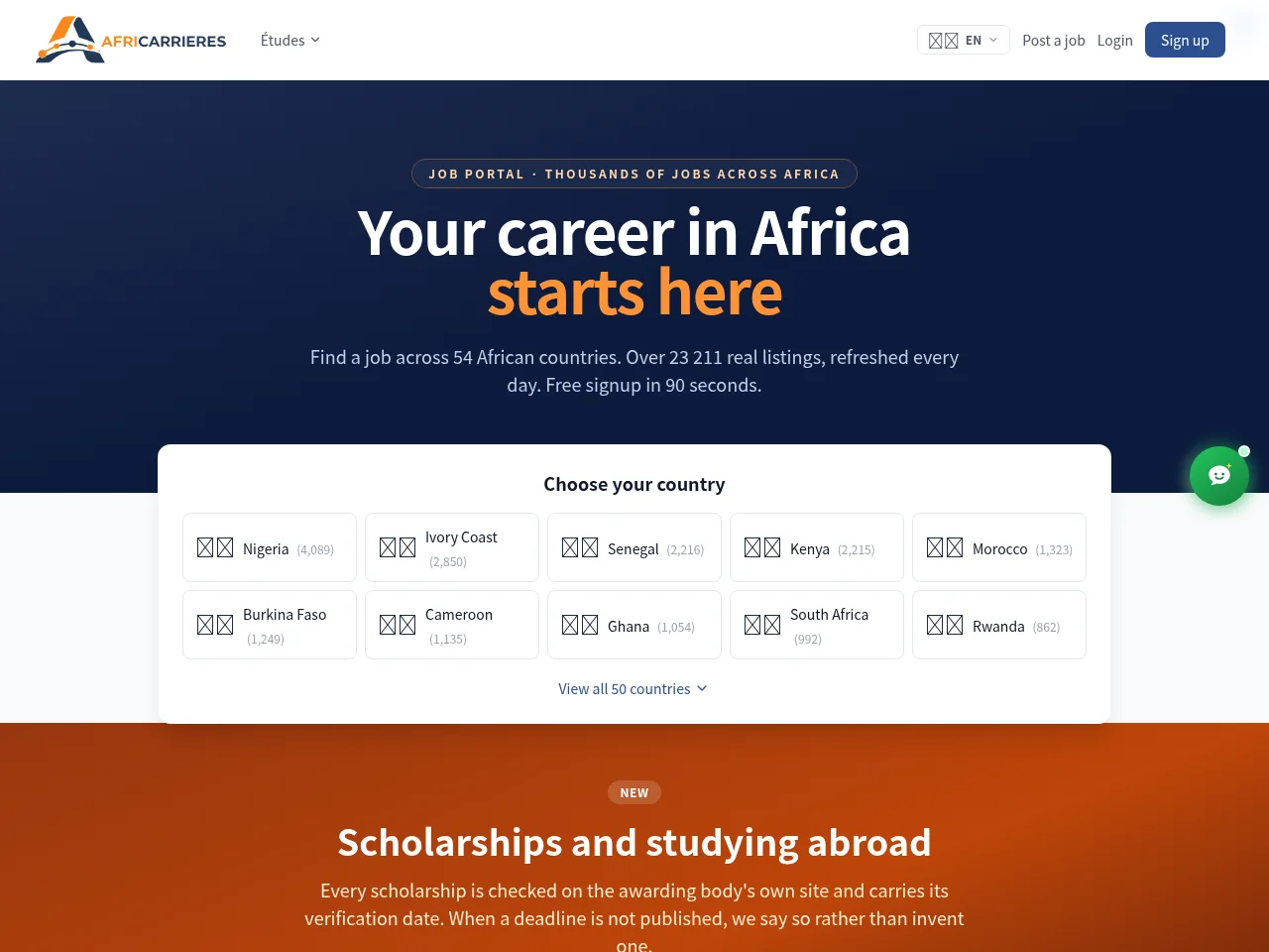 Africarrieres job board platform screenshot showing job search interface