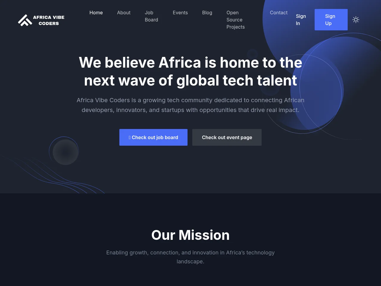 Africa Vibe Coders job board platform screenshot showing job search interface