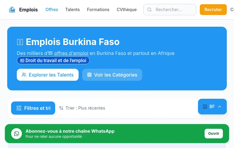 Emplois Burkina Faso job board platform screenshot showing job search interface