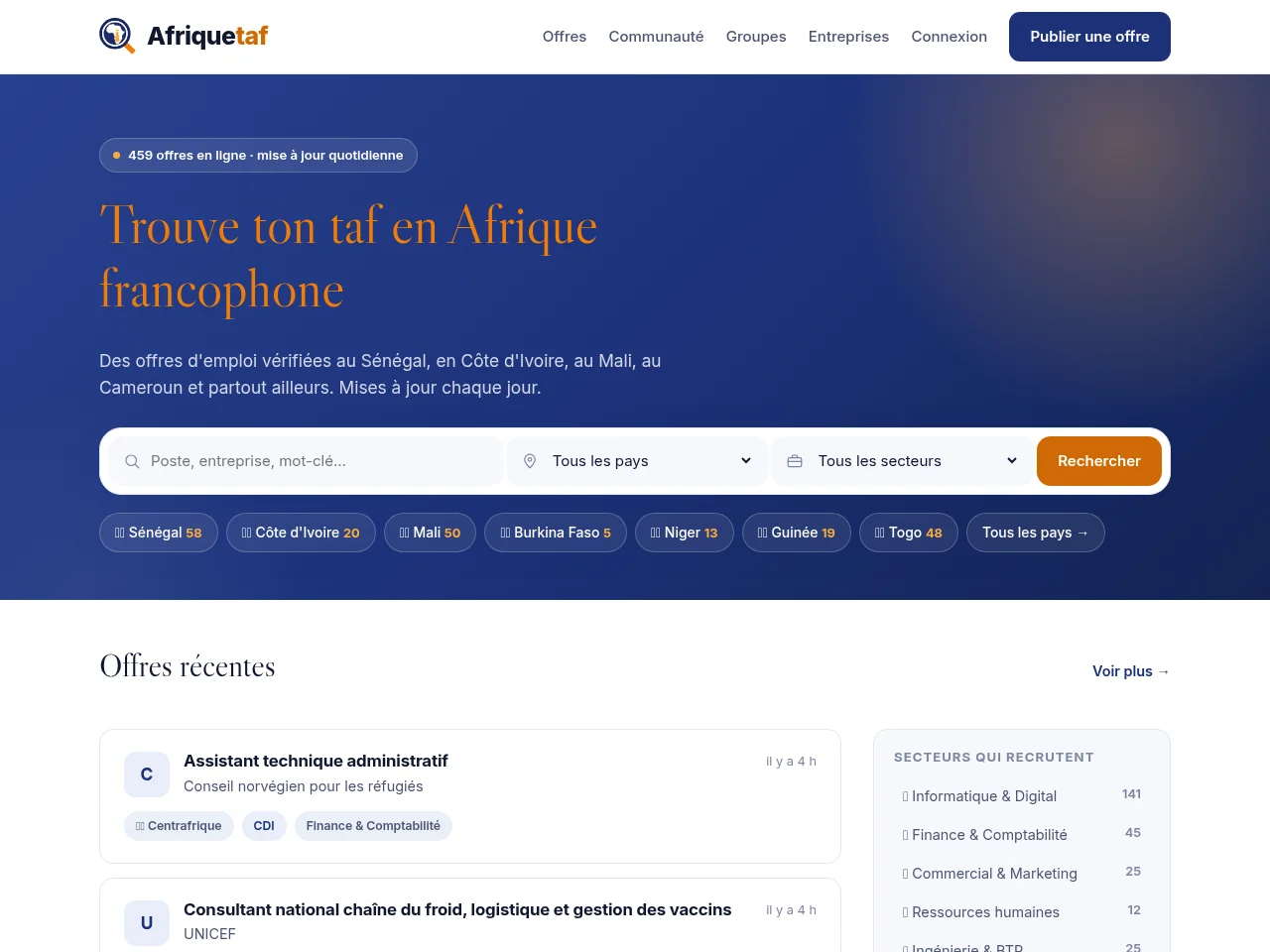 Afriquetaf screenshot Afriquetaf job board platform screenshot showing job search interface