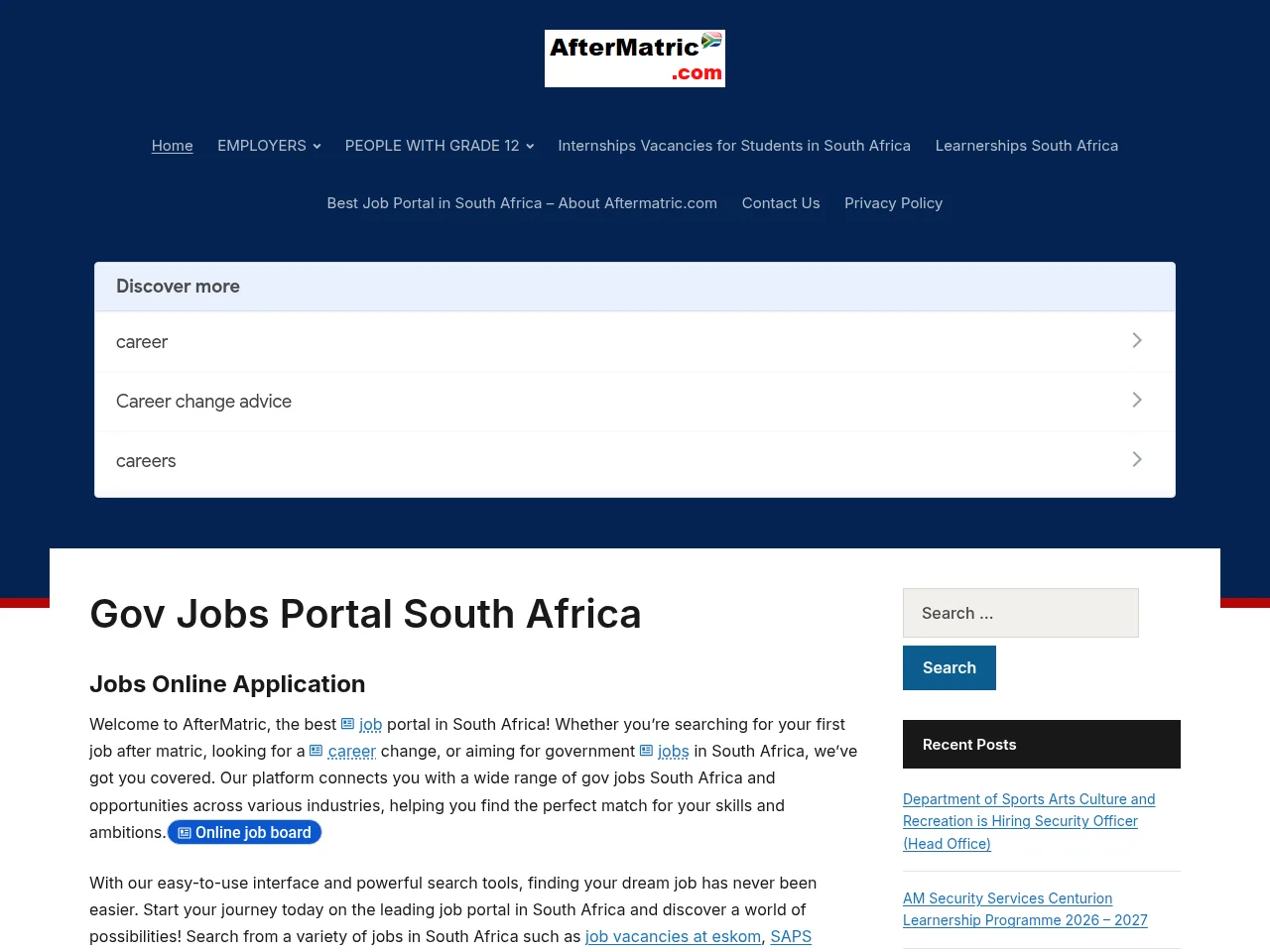 AfterMatric screenshot AfterMatric job board platform screenshot showing job search interface