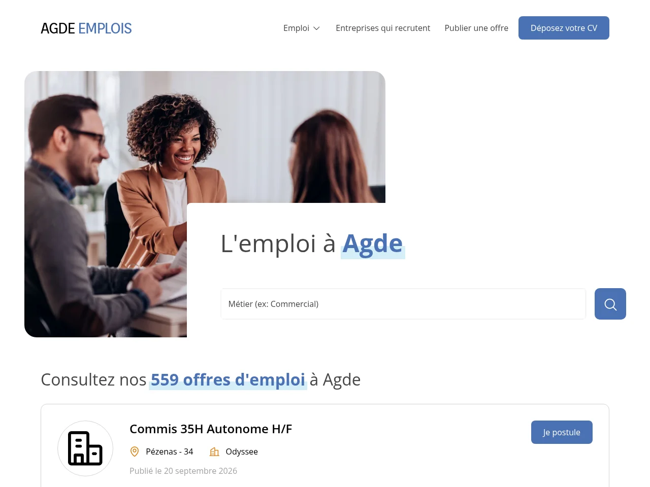 Agde Emplois job board platform screenshot showing job search interface
