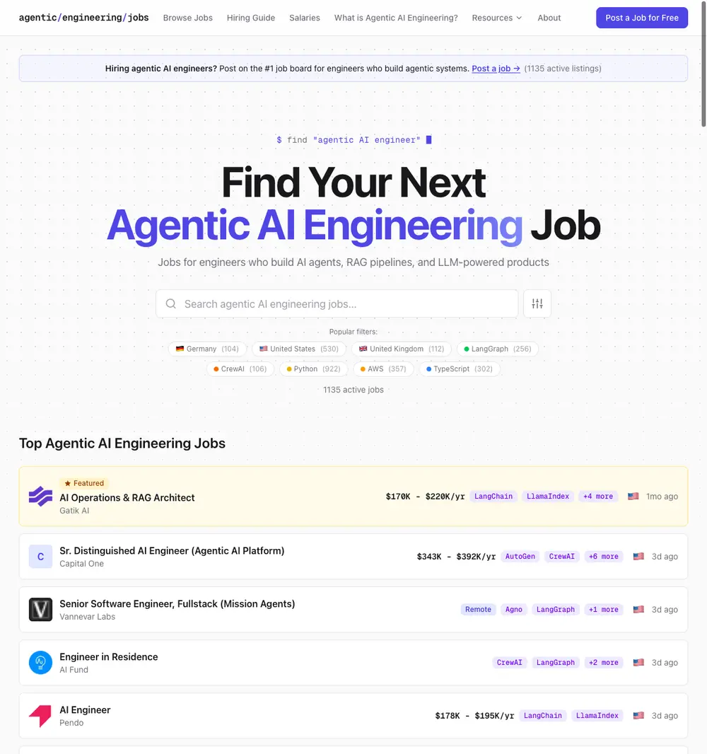 Agentic AI Engineering Jobs job board platform screenshot showing job search interface