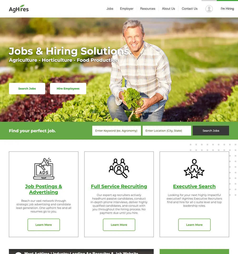 AgHires job board platform screenshot showing job search interface