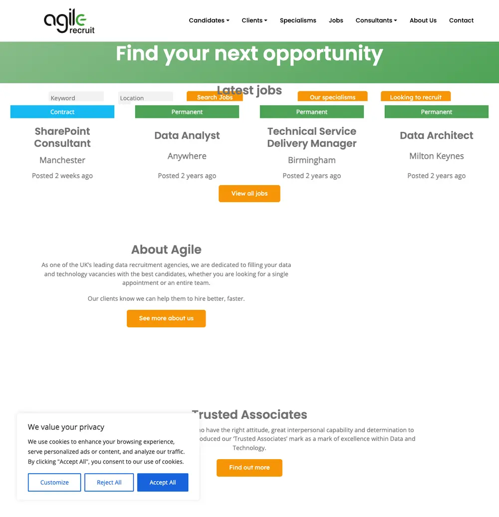 Agile Recruit job board platform screenshot showing job search interface