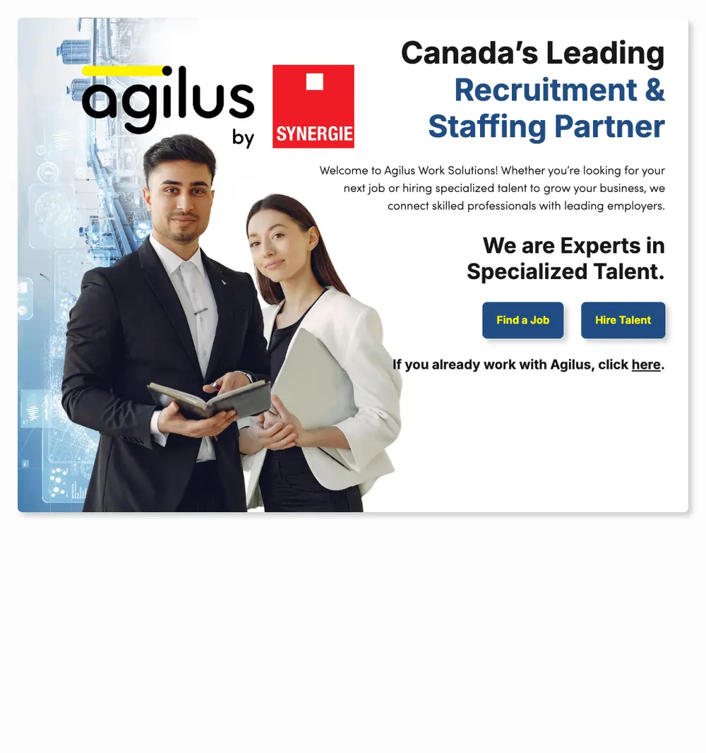 Agilus Work Solutions job board platform screenshot showing job search interface