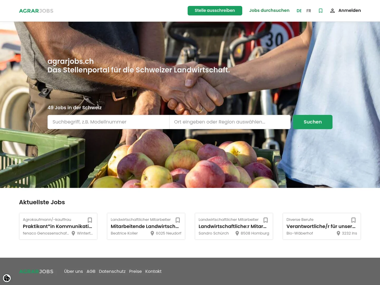 Agrarjobs job board platform screenshot showing job search interface