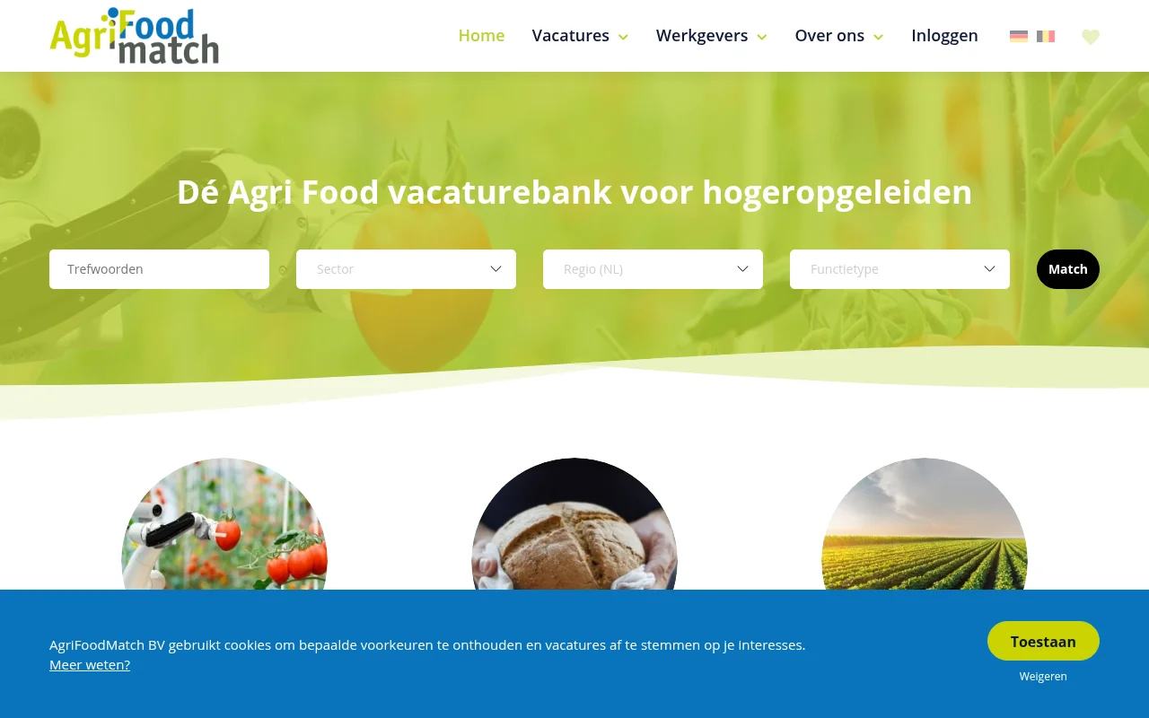 AgriFoodMatch job board platform screenshot showing job search interface