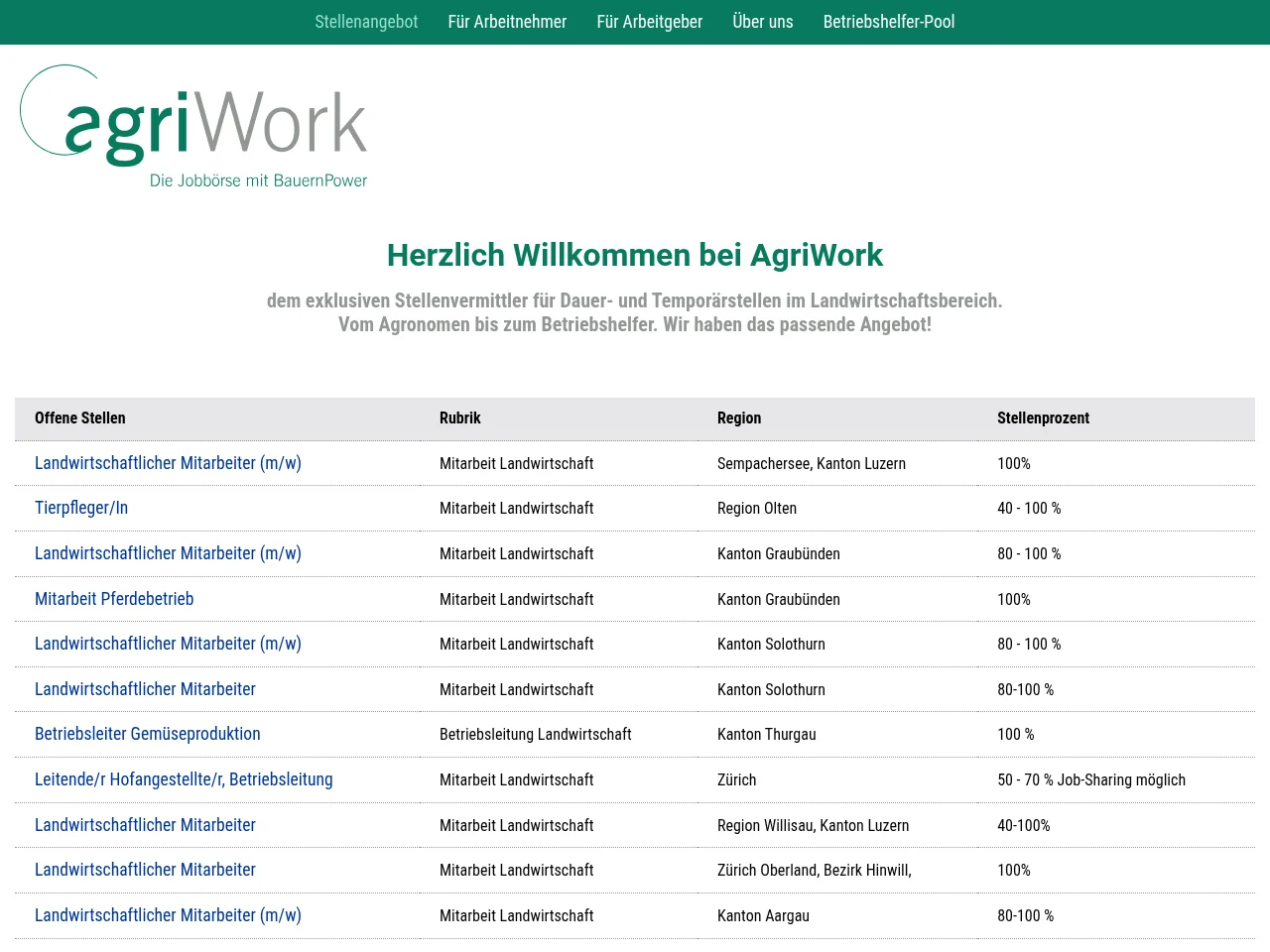 AgriWork job board platform screenshot showing job search interface