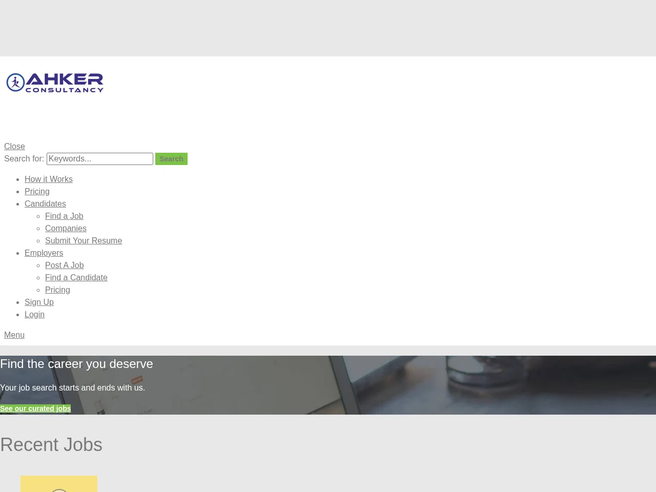 Ahker Consultancy job board platform screenshot showing job search interface