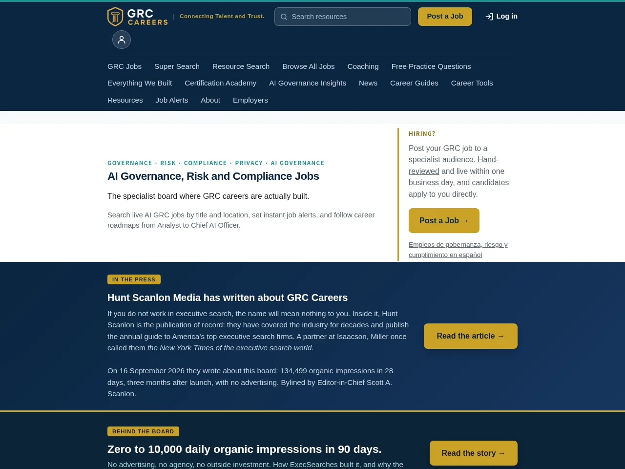 AI Governance, Risk and Compliance Jobs job board platform screenshot showing job search interface