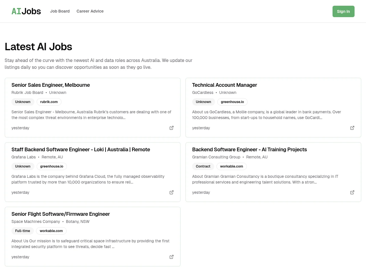 AI Jobs job board platform screenshot showing job search interface
