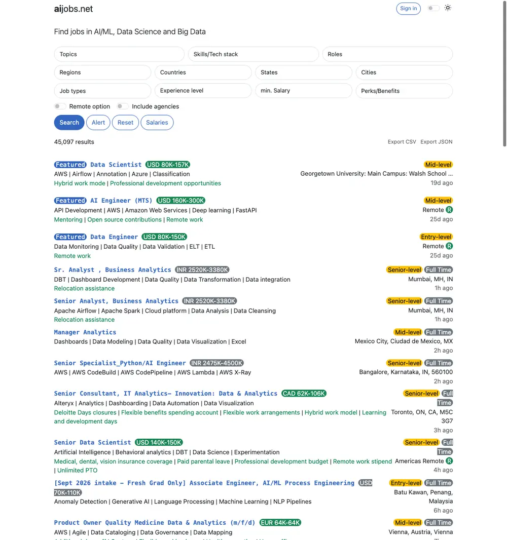 AI Jobs job board platform screenshot showing job search interface