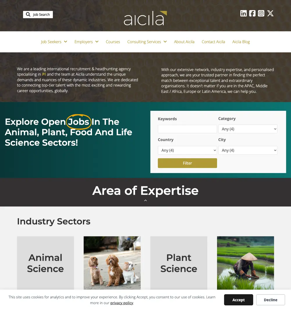 The Aicila Group job board platform screenshot showing job search interface