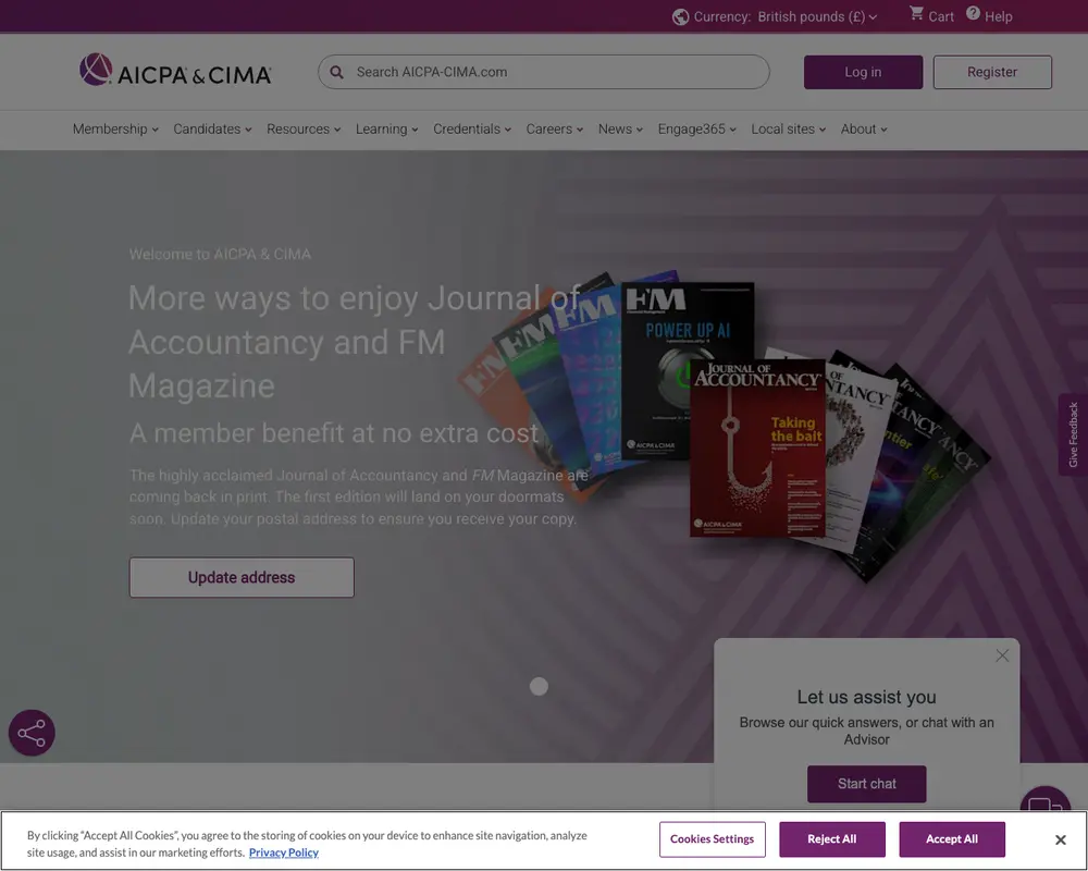 AICPA & CIMA job board platform screenshot showing job search interface