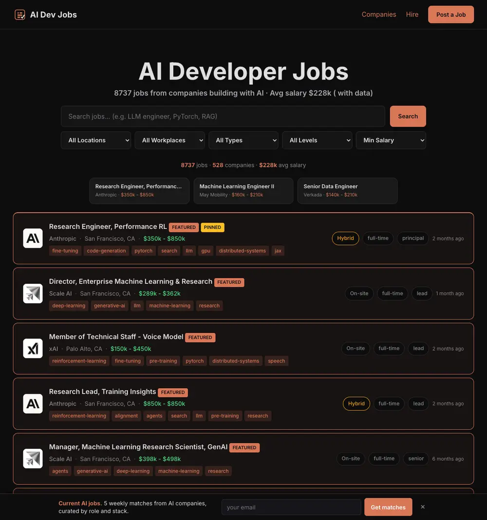 AI Dev Jobs job board platform screenshot showing job search interface