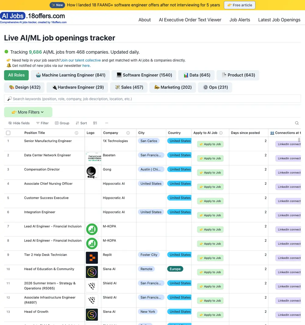AIJobsTracker job board platform screenshot showing job search interface