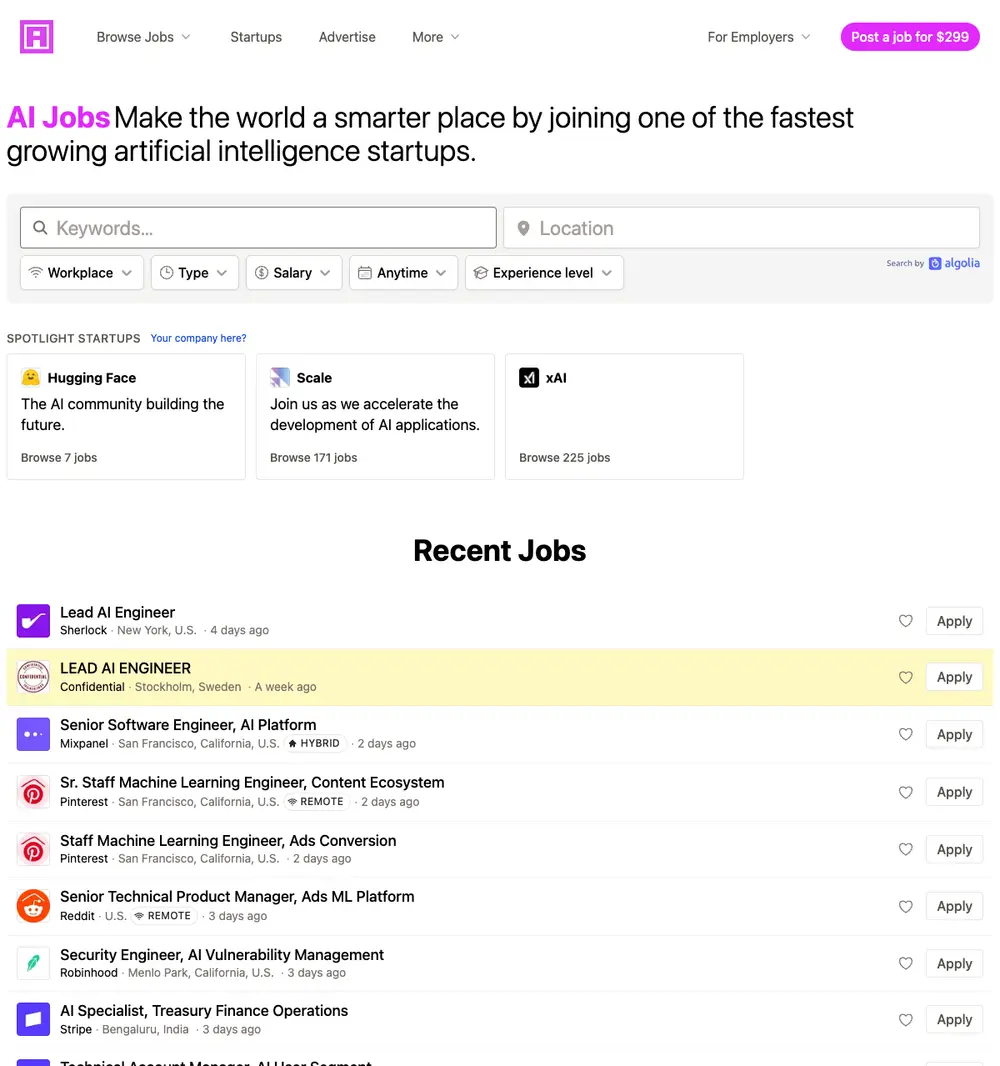 AI Jobs job board platform screenshot showing job search interface