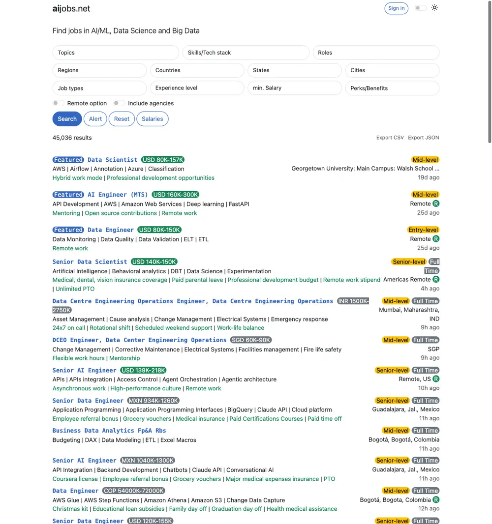 AI Jobs job board platform screenshot showing job search interface