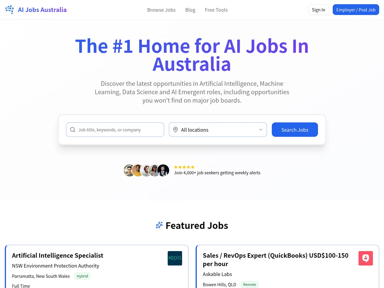 AI Jobs Australia job board platform screenshot showing job search interface