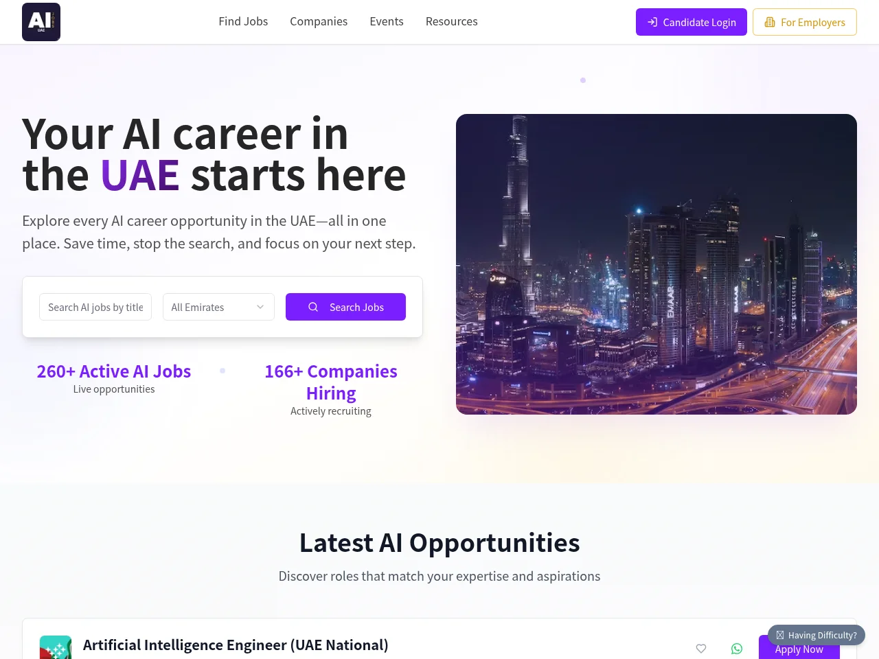 AIJobsUAE job board platform screenshot showing job search interface