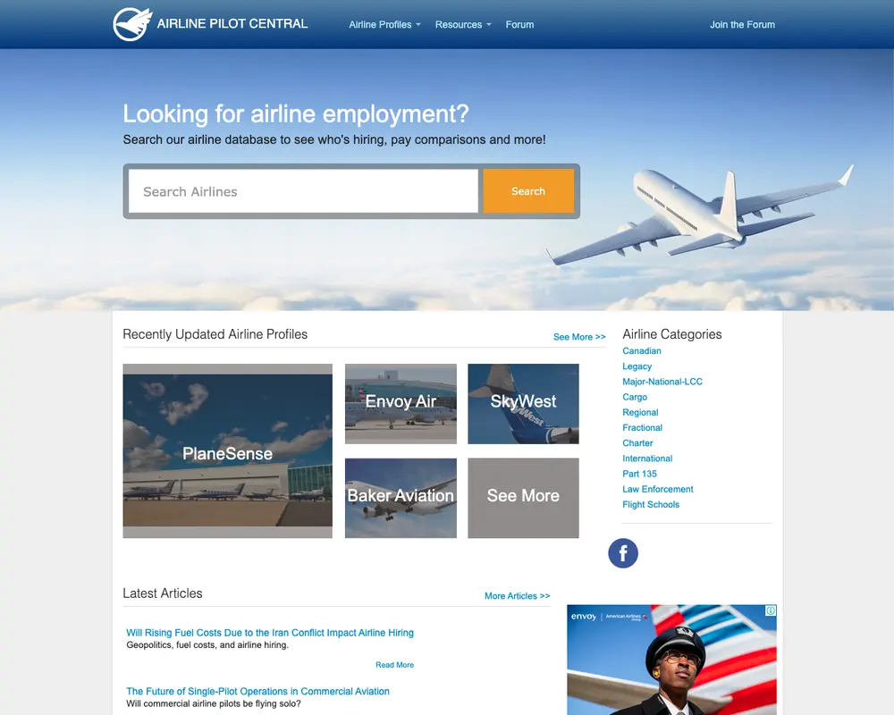 AirlinePilotCentral.com job board platform screenshot showing job search interface