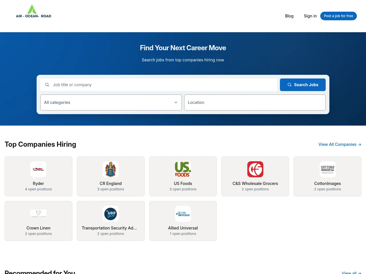 Air Ocean Road job board platform screenshot showing job search interface