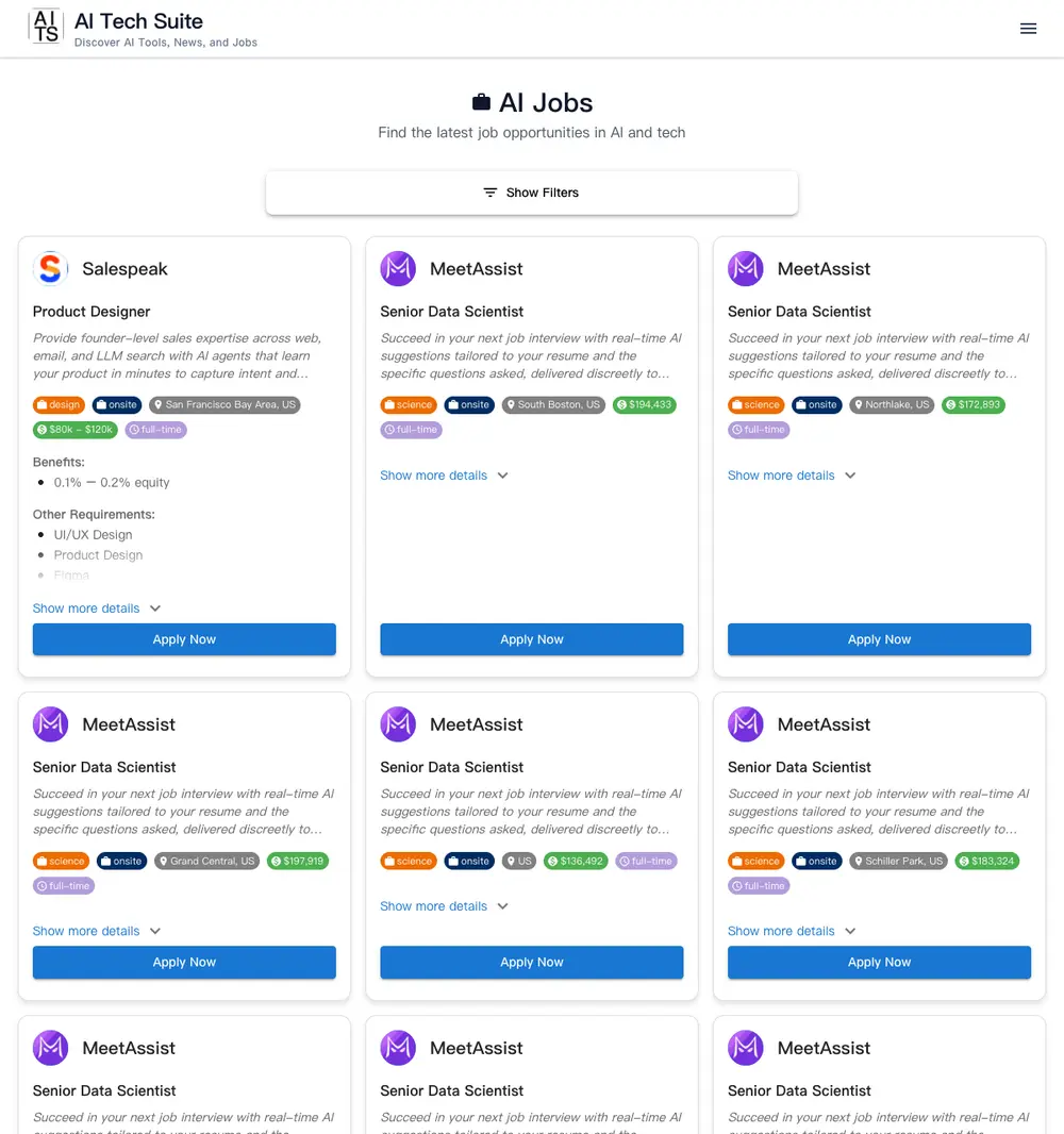 AI Tech Suite job board platform screenshot showing job search interface