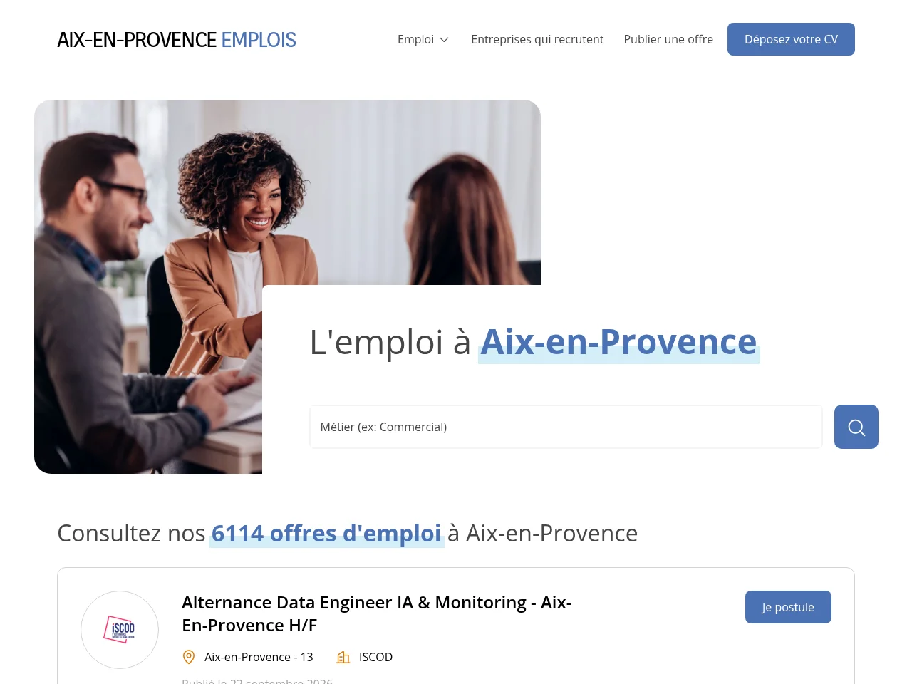 Aix-en-Provence Emplois job board platform screenshot showing job search interface