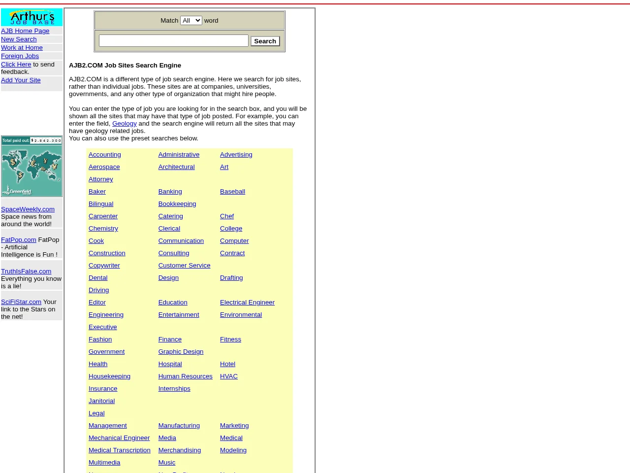 Arthur's Job Base Search Engine job board platform screenshot showing job search interface