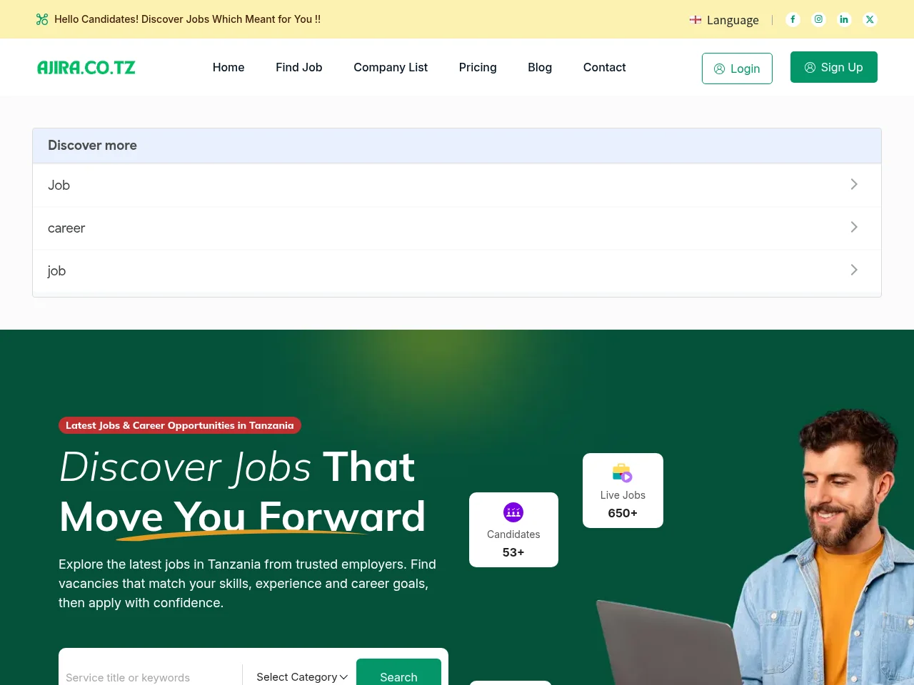 Ajira.co.tz screenshot Ajira.co.tz job board platform screenshot showing job search interface