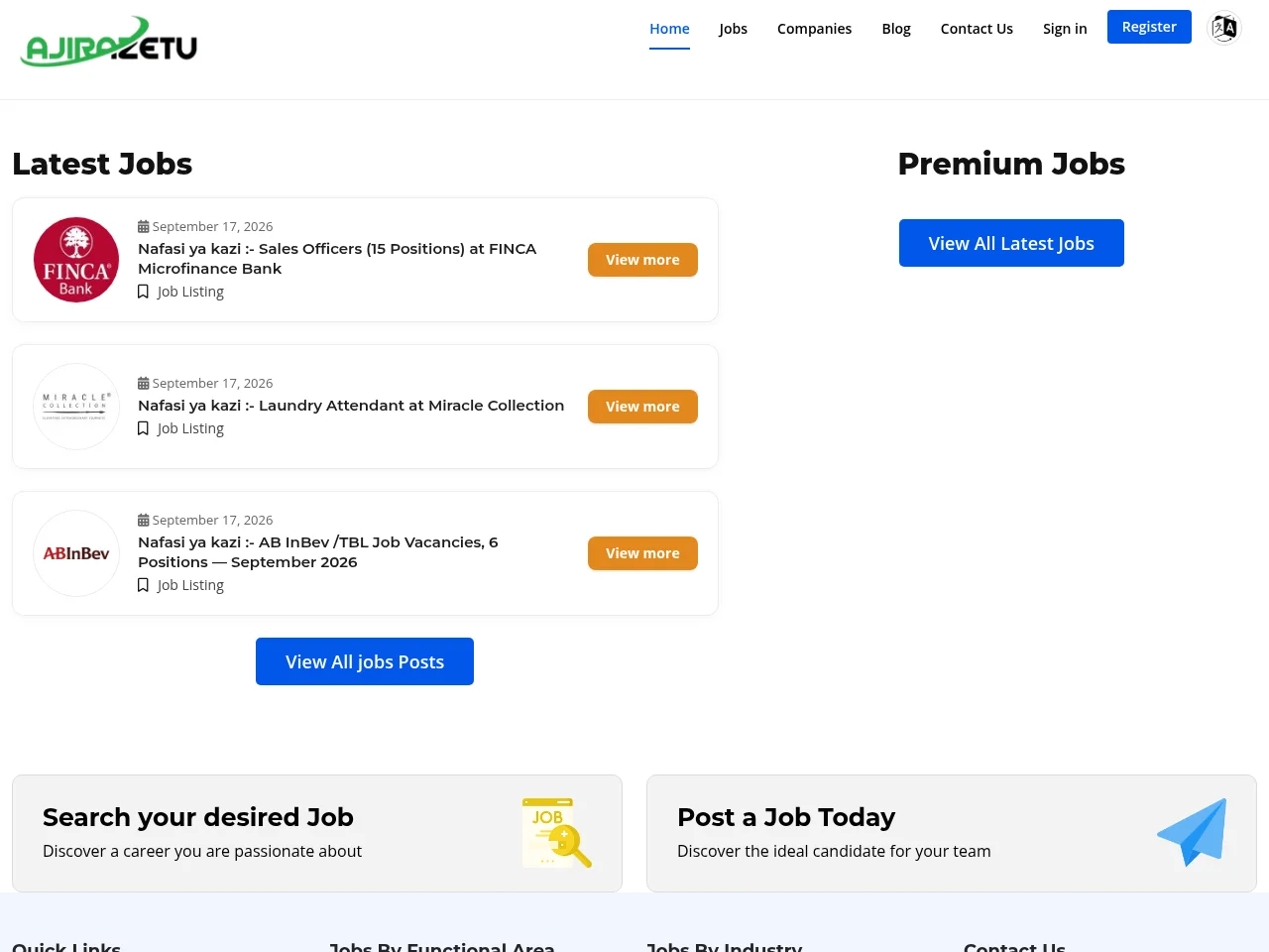 AjiraZetu job board platform screenshot showing job search interface