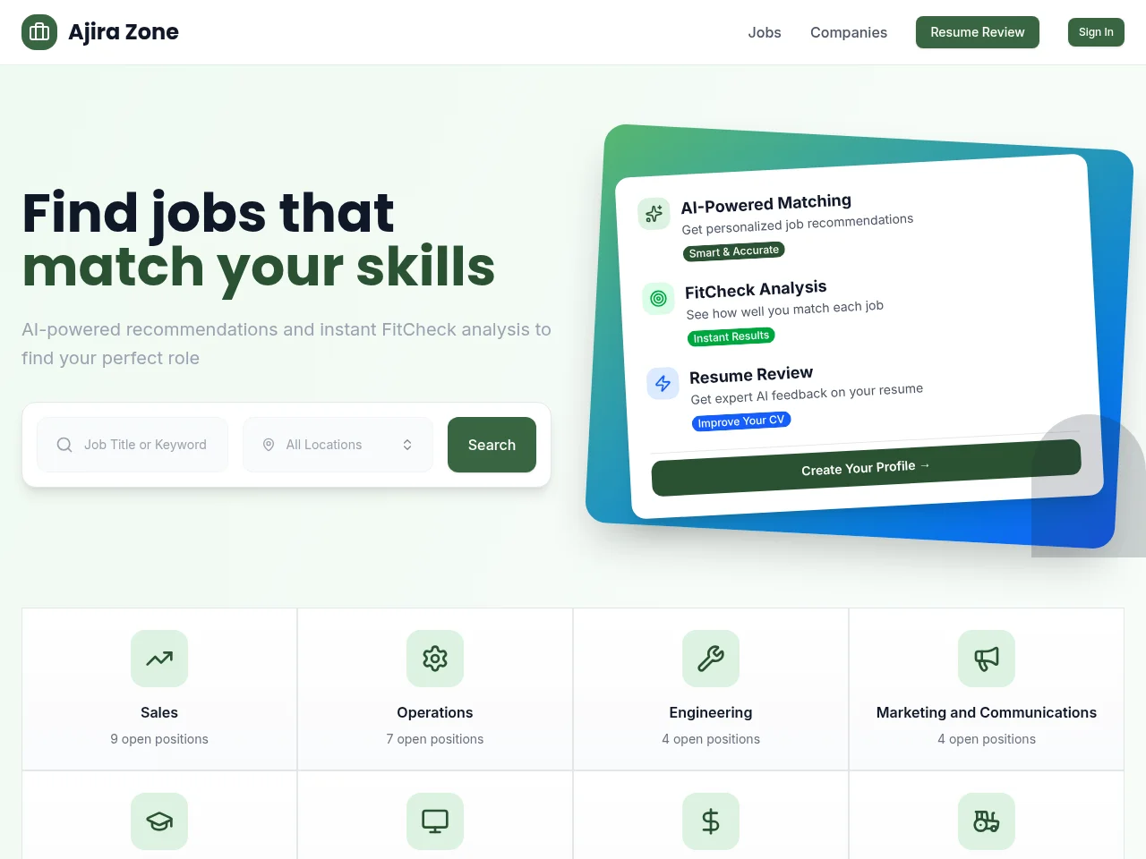 Ajira Zone job board platform screenshot showing job search interface