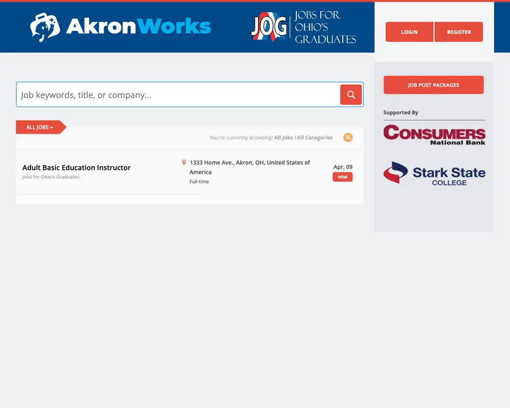 AkronWorks.com job board platform screenshot showing job search interface