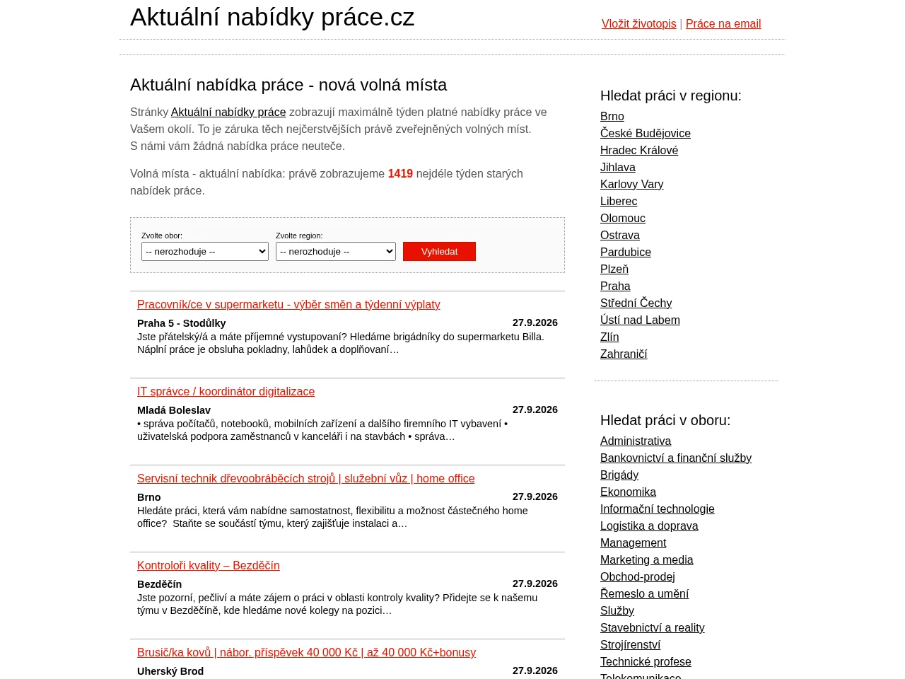 Aktuální nabídka práce.cz screenshot Aktuální nabídka práce.cz job board platform screenshot showing job search interface