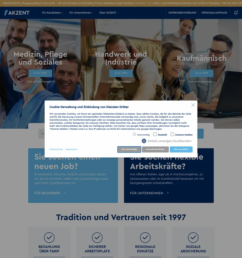 Akzent Personalservice GmbH job board platform screenshot showing job search interface