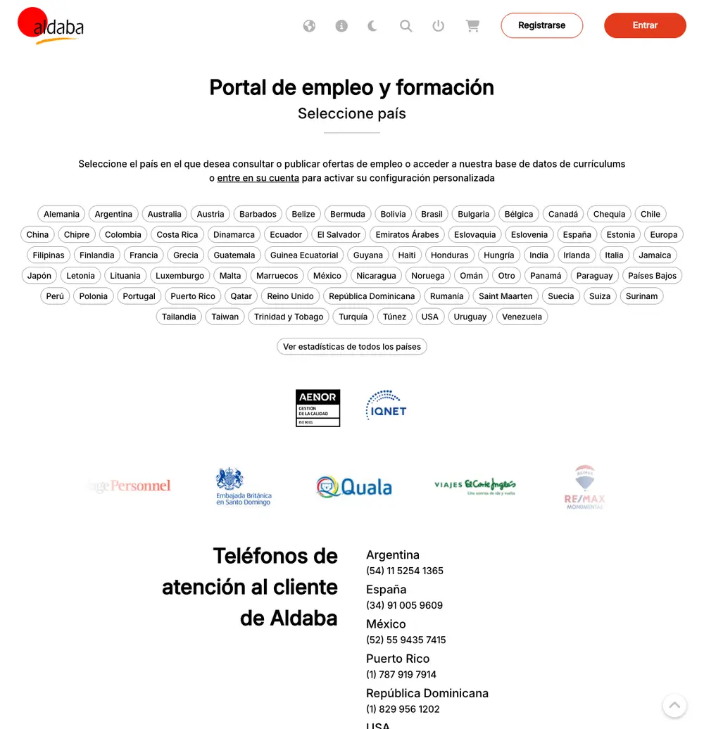 Aldaba job board platform screenshot showing job search interface