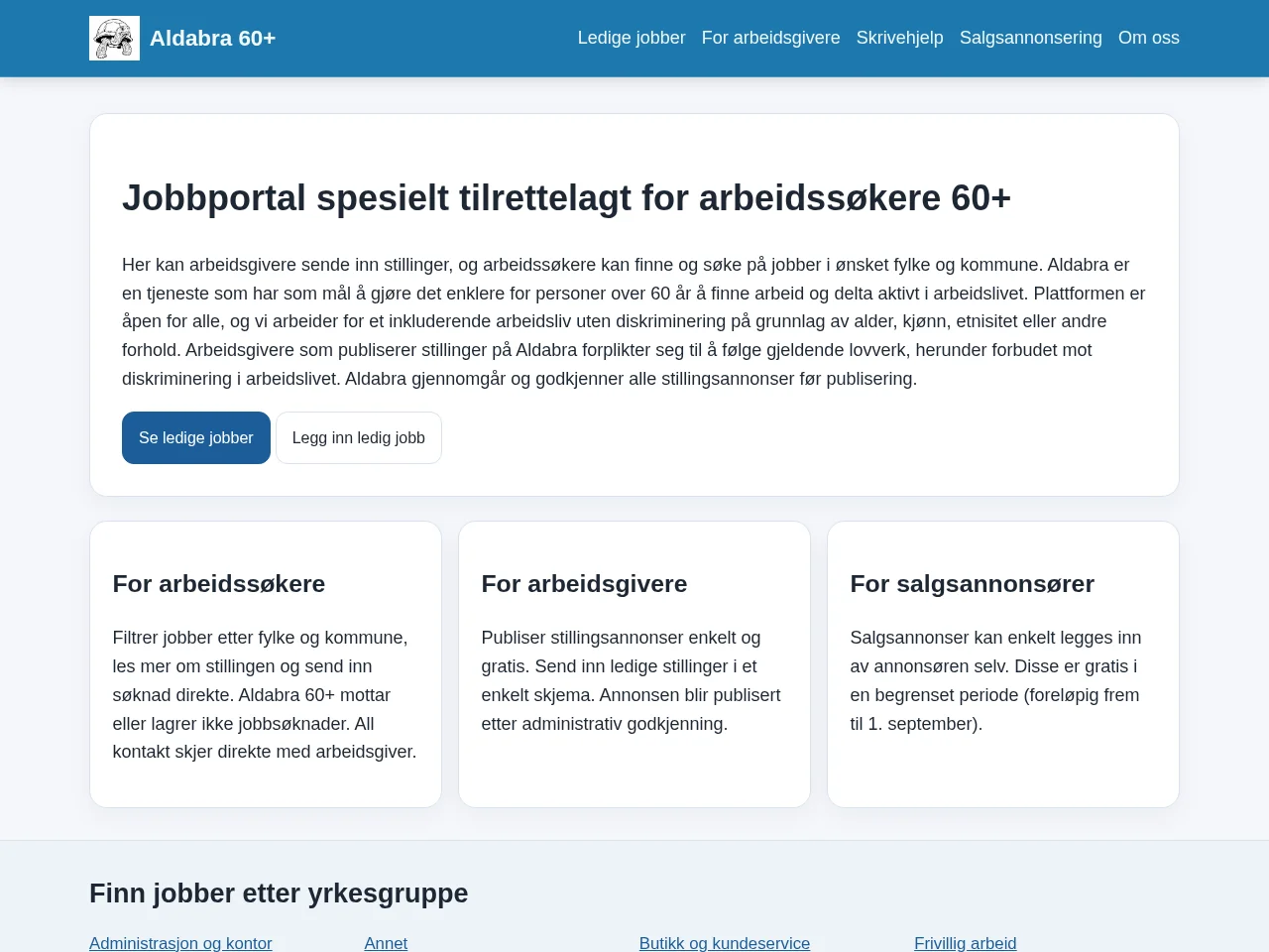 Aldabra 60+ job board platform screenshot showing job search interface