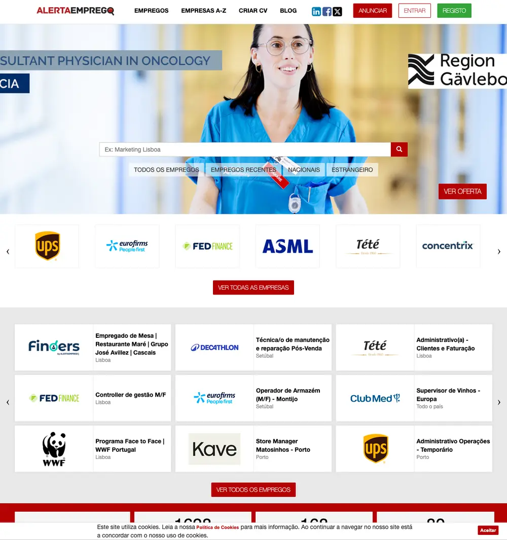 Alerta Emprego job board platform screenshot showing job search interface