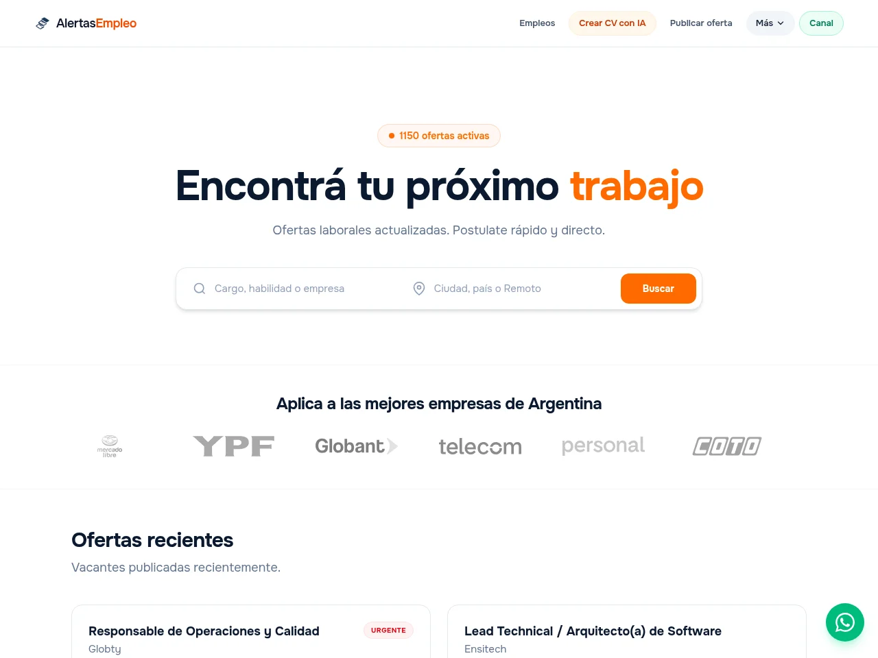 AlertasEmpleo job board platform screenshot showing job search interface